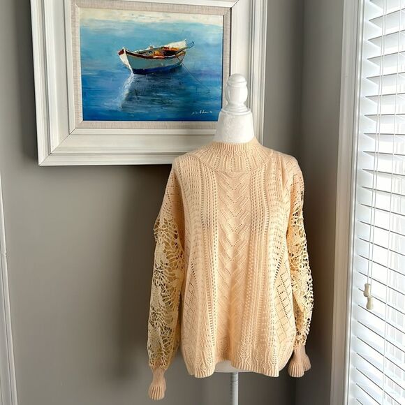 Boho Cream Yellow Fall Crocheted Lace Turtleneck Sweater medium - Picture 3 of 13